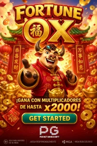 Banner del slot Fortune Ox con toro festivo y monedas doradas