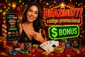 Mujer mostrando bono Brazino777 en smartphone