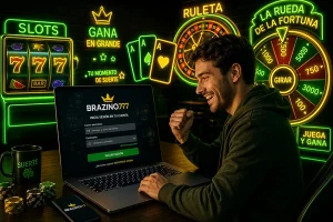 Usuario accediendo a Brazino777 en laptop